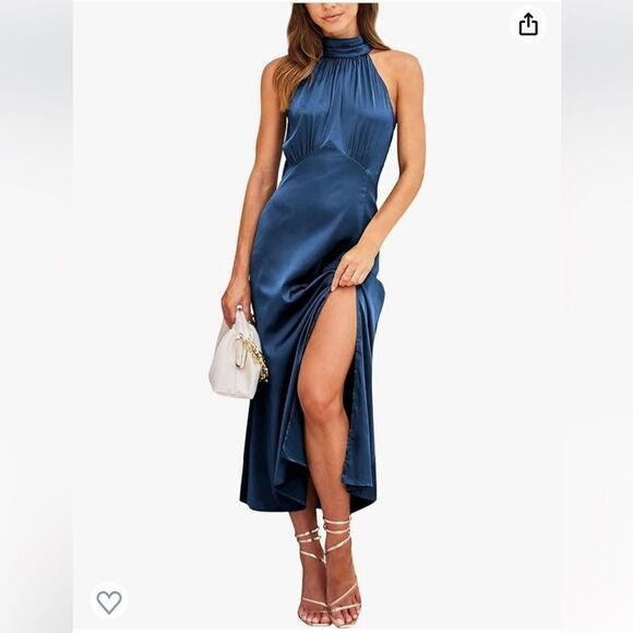 Satin Fall Solid Color Sexy High Waist Slit Neck Evening Dress Homecoming Dress - Picture 2 of 15